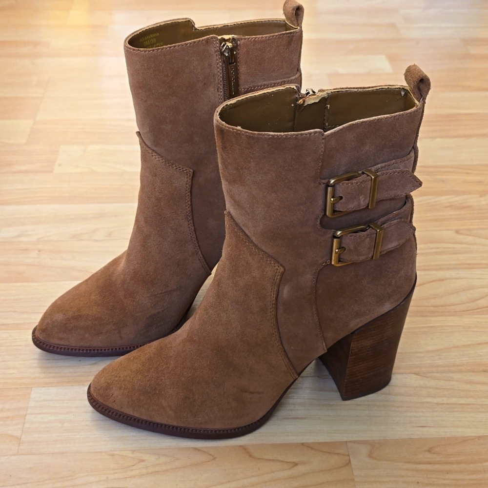 BCBGeneration Savannah Leather High Heel Boots Tan Brown Buckles Size 9